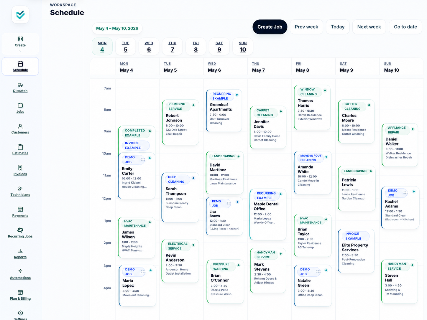 JobTasky weekly schedule calendar with jobs organized by day and time