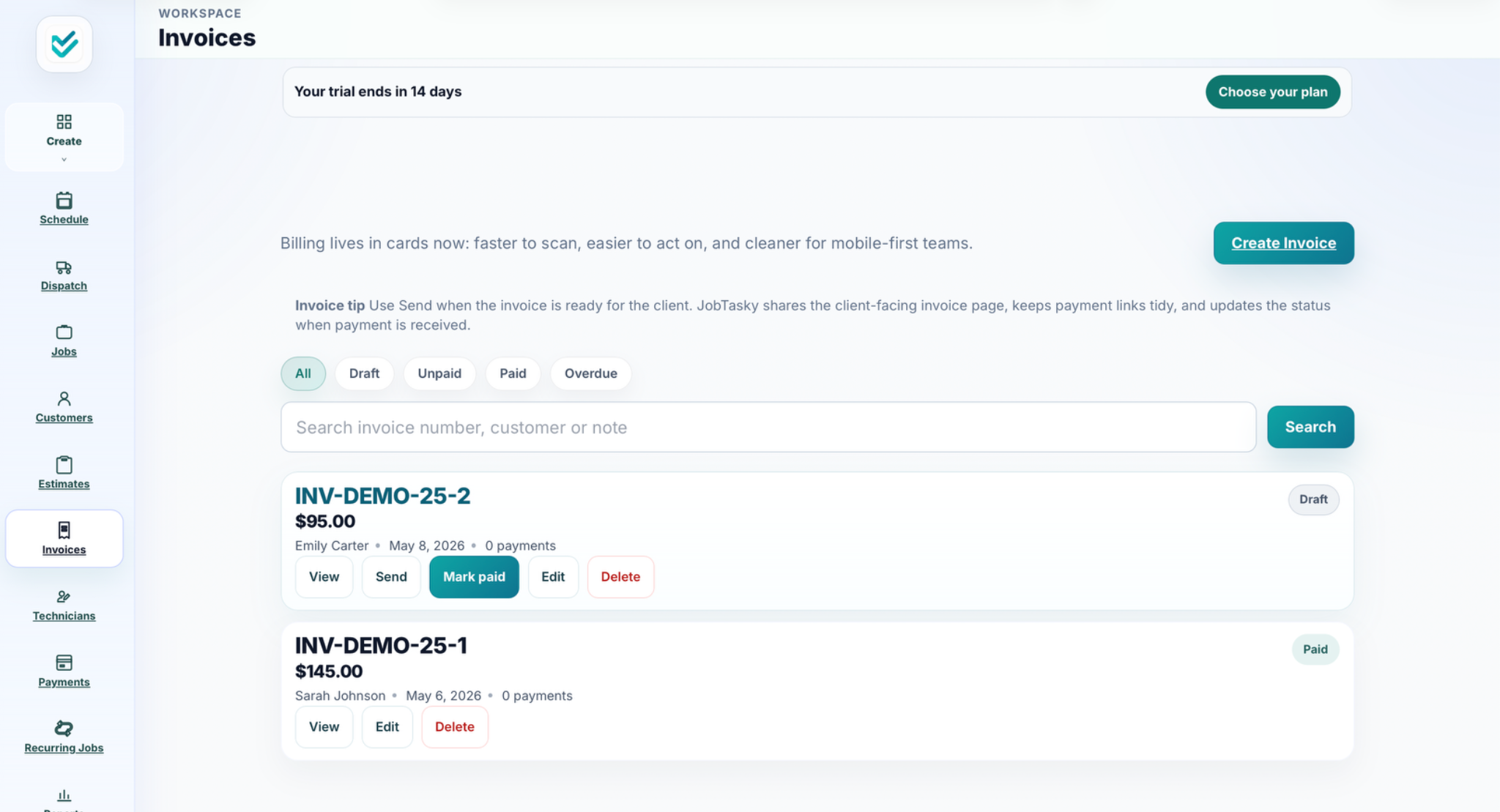 JobTasky invoice overview with status filters, search, and billing actions