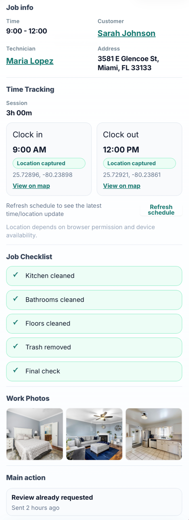 JobTasky technician completed job view with checklist, time tracking, and work photos