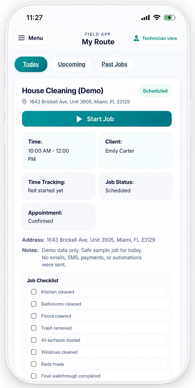 JobTasky technician mobile route view with today, upcoming, and past jobs tabs