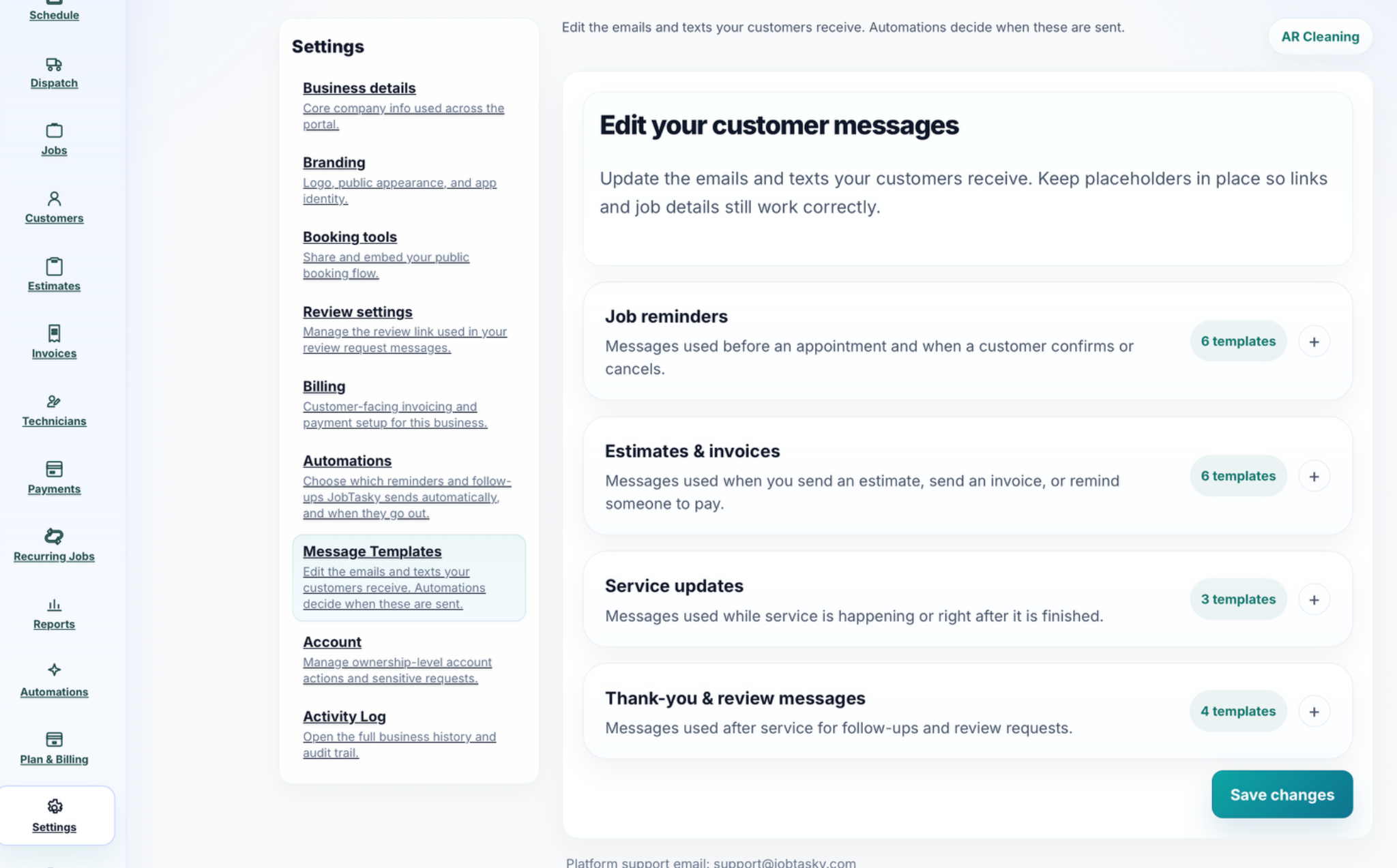 JobTasky message templates for reminders, invoice follow-ups, and review requests